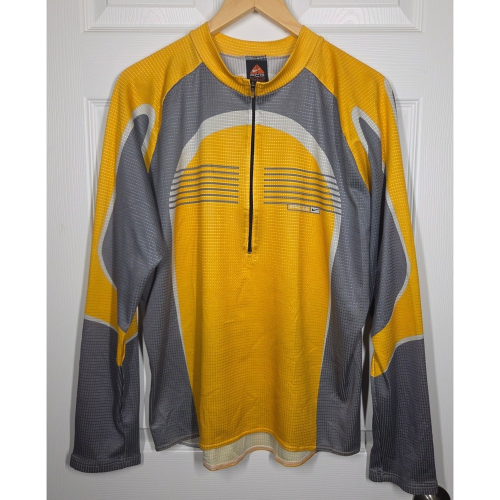 VTG Nike ACG Cycling Jersey Long Sleeve Yellow Grey Made in Italy Large 90s Y2K - Picture 1 of 14